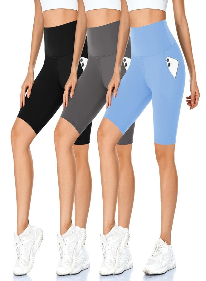 MOREFEEL 3 Pack Biker Shorts with Pockets for Women - 8'' High Waisted Yoga Pants Gym Workout Running Shorts - Image 1